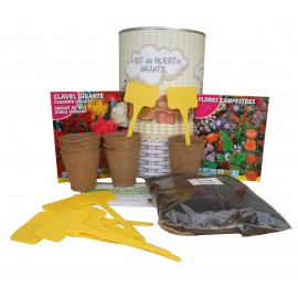 Kit de huerto infantil con semilleros, tierra turba, flores campestres, clavel gigante y marcaje de semilleros
