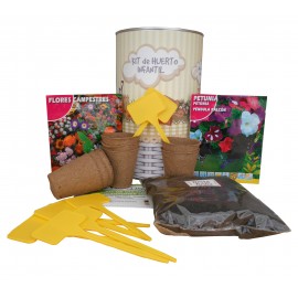 Kit de huerto infantil con semilleros, tierra turba, Petunia, flores Caspestres y marcaje de semilleros