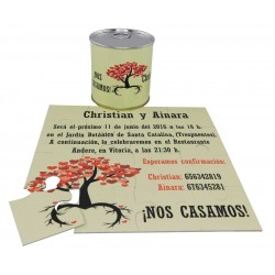 Invitacion de boda arbol con hojas corazones en puzzle personalizado con lata personalizada